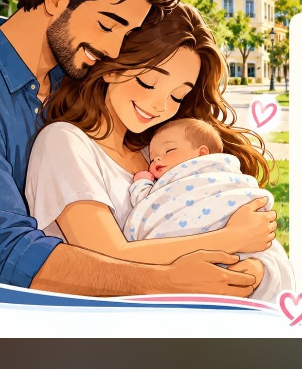 Smiling new parents hold their peacefully sleeping swaddled newborn in a sunny residential setting