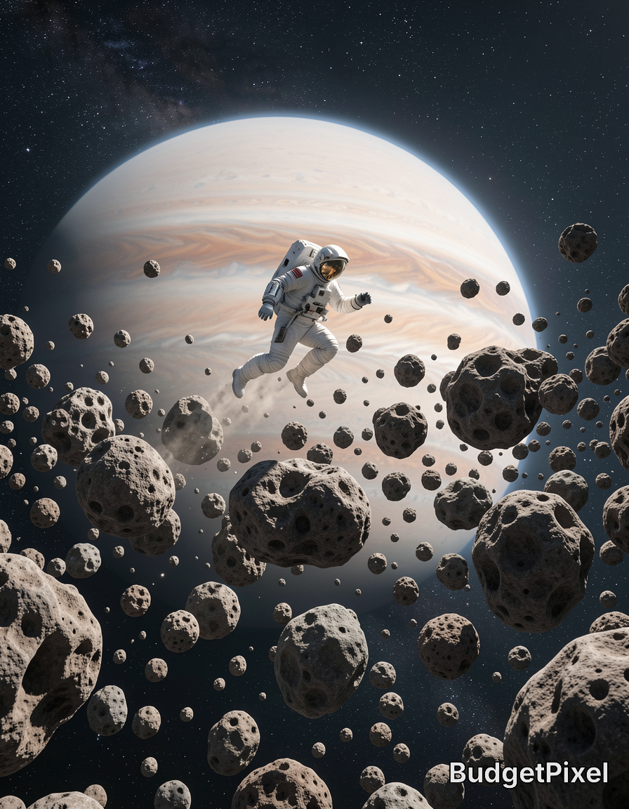 Astronaut in a white spacesuit floats weightlessly through a cratered asteroid field, with a large banded gas giant in sta...