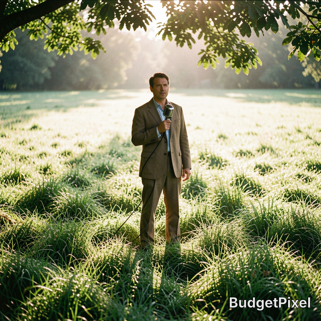 Middle aged man in a tan suit holds a vintage microphone, standing in a sunlit lush grass meadow at golden hour