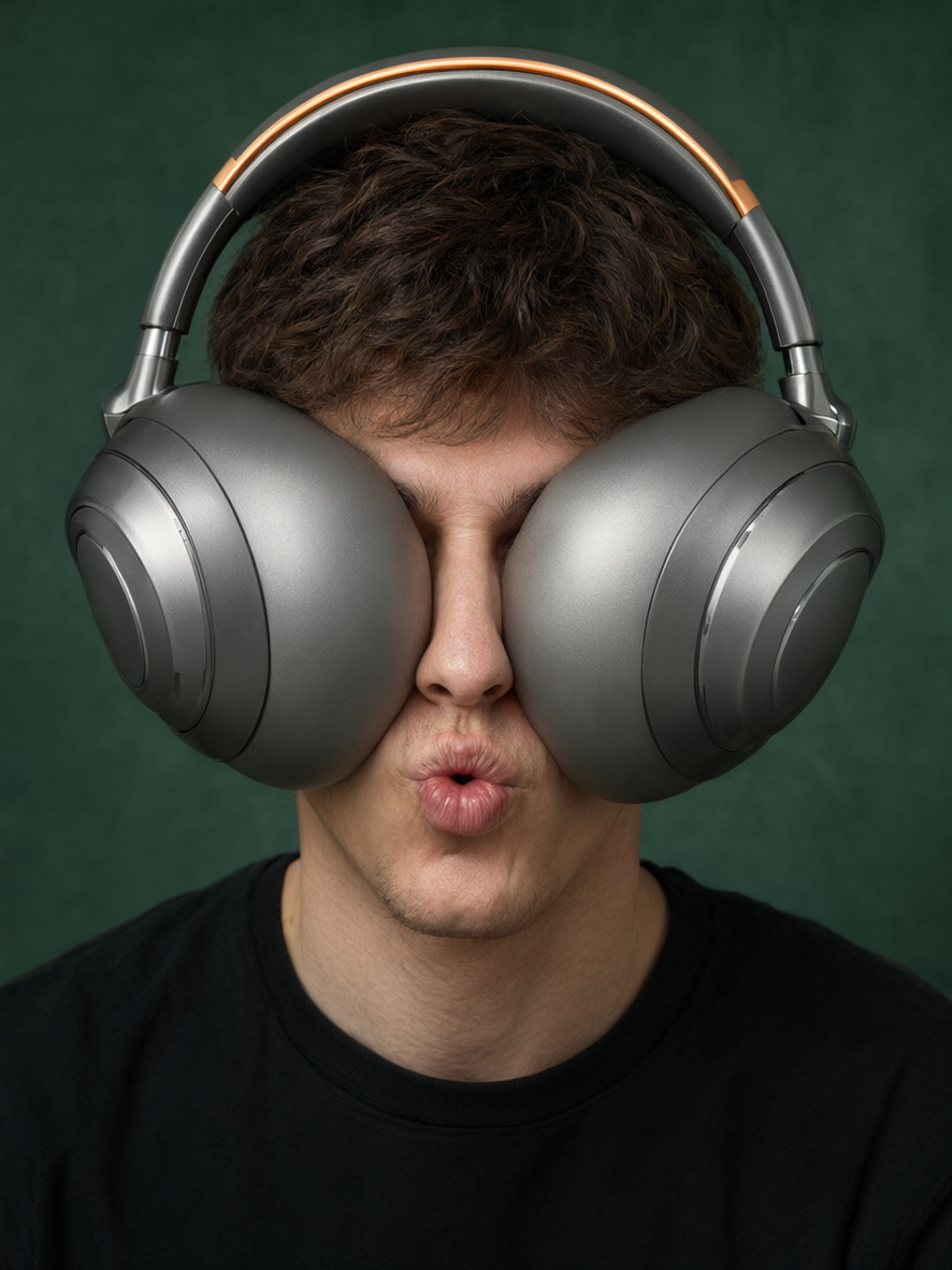 Playful man pouting as large silver over-ear headphones cover his eyes against a dark green backdrop