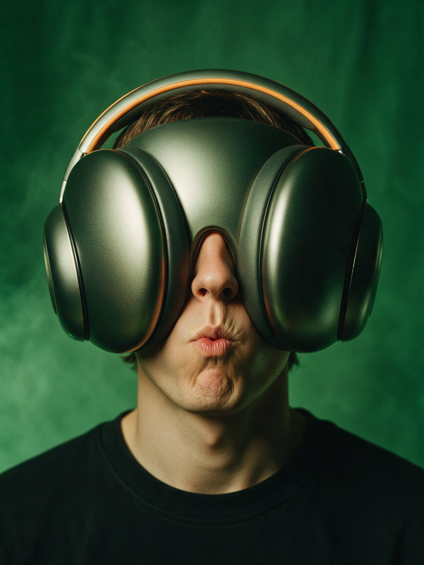 Person pouting as oversized metallic headphones cover their eyes against a textured green studio background
