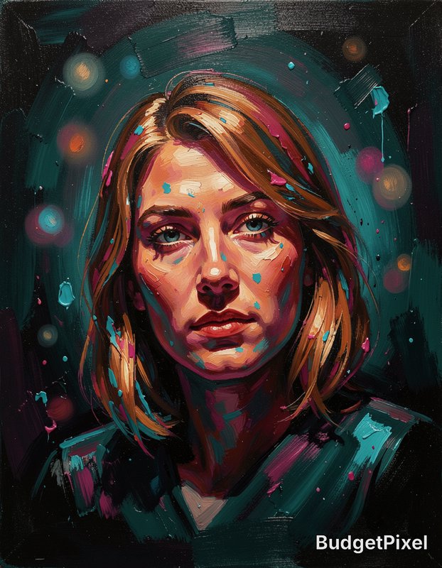 Textured impasto oil portrait of a solemn blonde blue-eyed woman, dotted with vibrant teal and magenta paint splatters