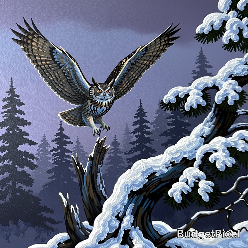 Great horned owl mid-flight above snow-laden pine branches, misty twilight winter forest scene.