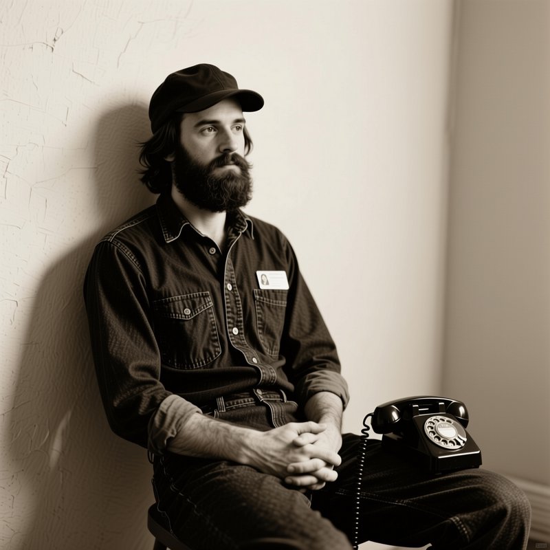 Sepia toned portrait of bearded capped worker seated with a vintage rotary phone resting on his lap, waiting for a call.