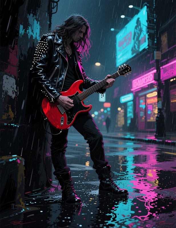 Long haired rock guitarist in a studded leather jacket plays a red electric guitar on a rain-soaked neon cyberpunk city st...