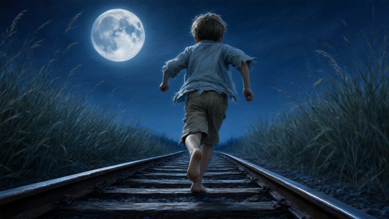 Barefoot boy in tattered clothing runs down railroad tracks toward a glowing full moon at night