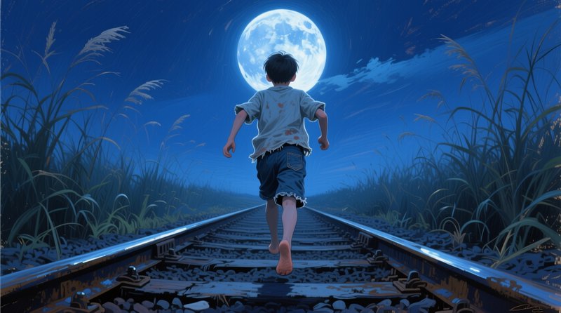 Barefoot anime-style boy runs down railroad tracks toward a large glowing full moon under a dark ...