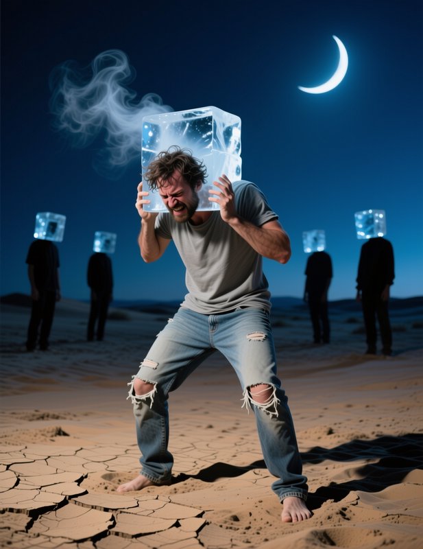 Distressed man clutching a melting ice cube over his head stands in a moonlit desert, other cube-...