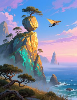 Hang glider soars past a dramatic coastal cliff with a balancing boulder and pine trees at pastel...