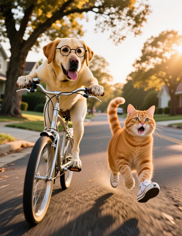 Yellow lab wearing round glasses rides a bike beside a running ginger tabby cat in sneakers on a ...