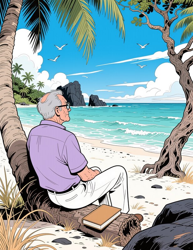 Comic style illustration of senior man sitting on tropical beach log, gazing out at turquoise oce...