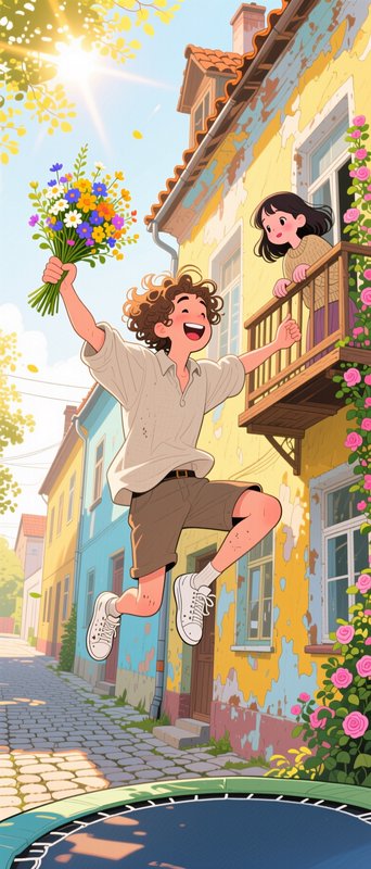 Joyful curly-haired boy jumping with wildflower bouquet to greet a girl leaning from a house balc...