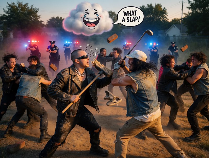 Surreal comical meme of a chaotic street brawl, with cartoon laughing cloud, "WHAT A SLAP!" speec...
