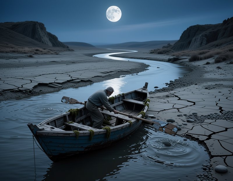 Elderly man in weathered wooden rowboat on a narrow moonlit river, surrounded by cracked arid des...