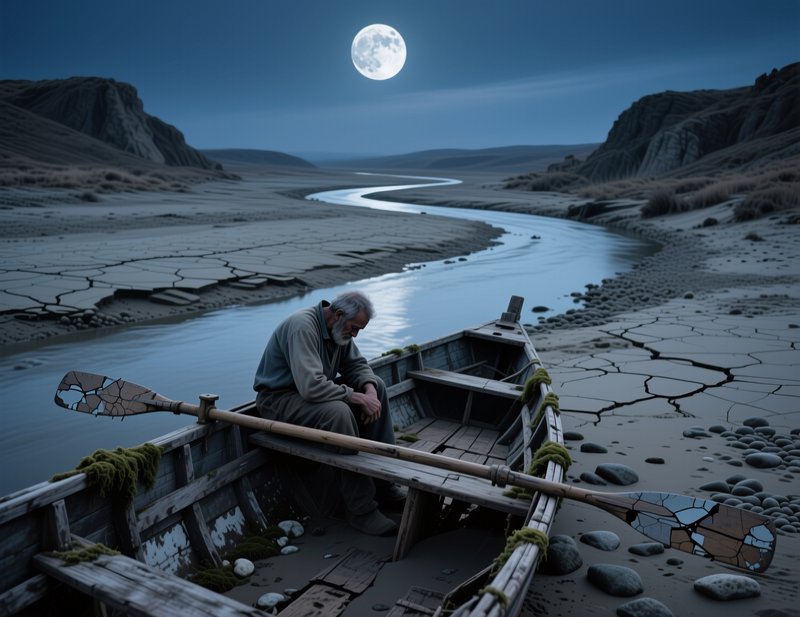 Elderly bowed man rests in a weathered beached wooden boat under a bright full moon beside a wind...