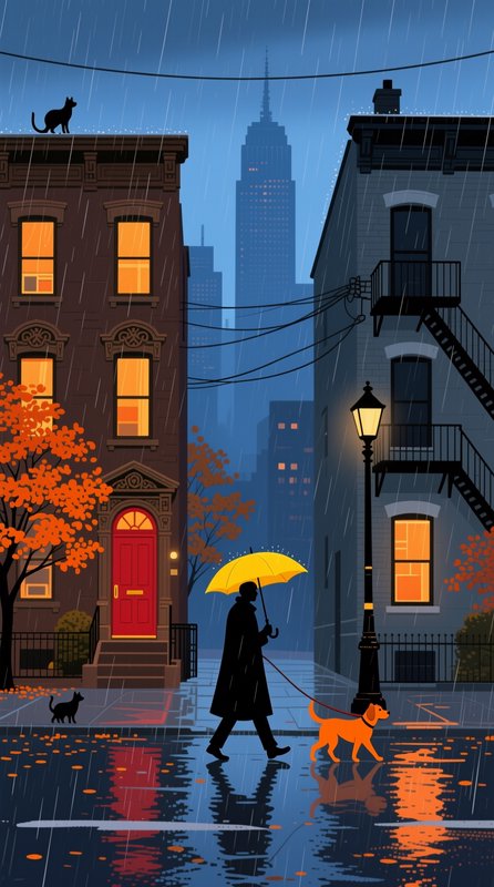Stylized flat illustration of person with yellow umbrella walking dog on rainy autumn NYC brownst...