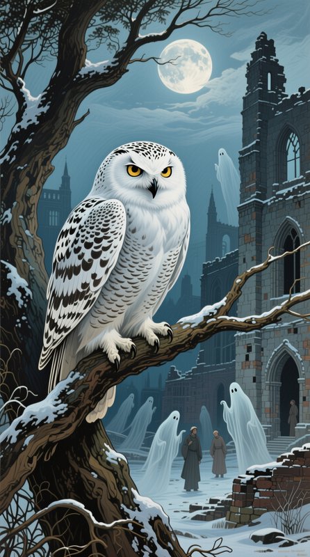Snowy owl perched on snow-dusted tree branch, ghostly figures and monks at a ruined gothic abbey ...