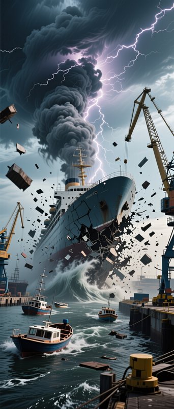 Surreal apocalyptic port scene: damaged ocean liner spews smoke during a lightning storm, debris ...