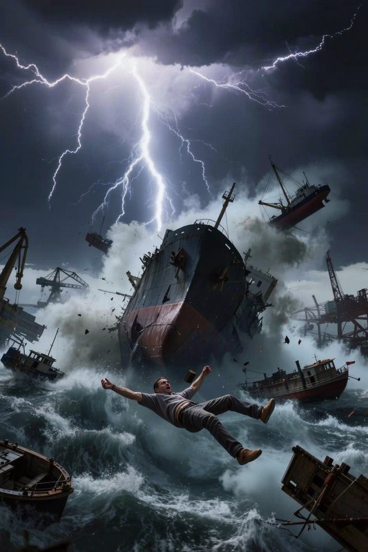Violent port storm scene with jagged lightning, capsizing ships, and a man falling amid churning ...