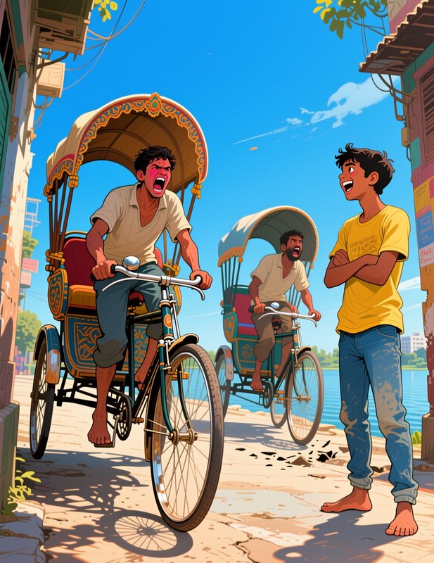 Stylized cartoon of rickshaw drivers shouting at a laughing teen on a sunny South Asian riverside...