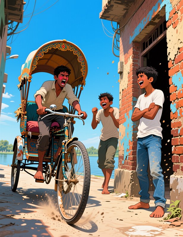 Exasperated cycle rickshaw driver confronts two laughing teen boys on a sunny South Asian riversi...