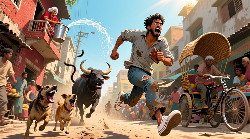 Animated panicked man runs from charging dogs and bull down a busy Indian city street as a woman ...