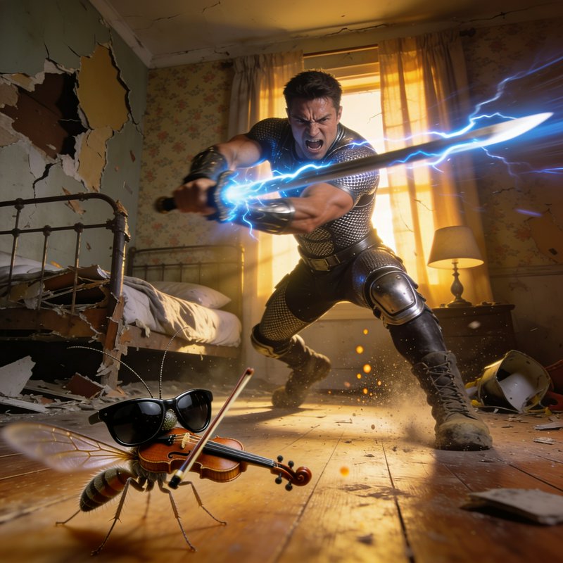 Surreal fantasy scene of armored warrior swinging lightning sword at giant sunglasses-wearing ins...