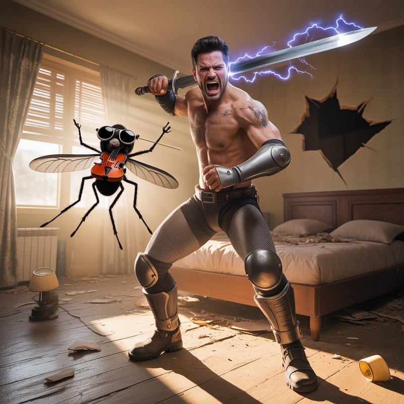 Shirtless armored warrior with a lightning sword confronts a giant sunglasses-wearing fly playing...