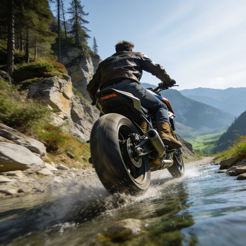 Low angle shot of a motorcyclist riding a motorcycle through a shallow mountain stream on a sunli...