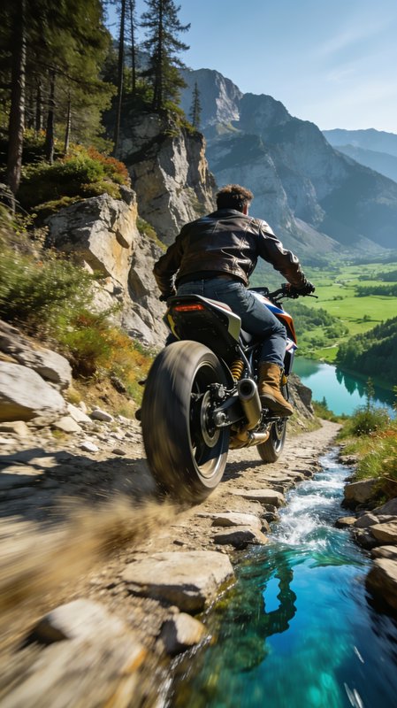 Motorcyclist rides a sport bike along a rocky cliffside mountain trail overlooking a turquoise al...
