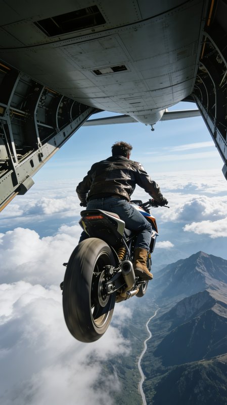 Stunt rider on a motorcycle exits an open cargo plane mid-flight high above cloud-covered mountai...