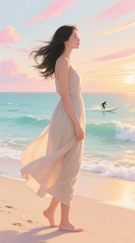 Young woman in flowing cream dress stands barefoot on a sandy beach, wind in her hair, at a soft ...