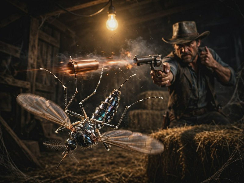 Gruff wild west cowboy fires a revolver at a giant flying mosquito, a speeding bullet streaks tow...