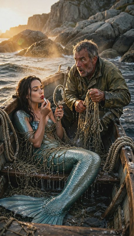 Shocked fisherman stares at a shimmering mermaid tangled in a fishing net, who calmly applies lip...
