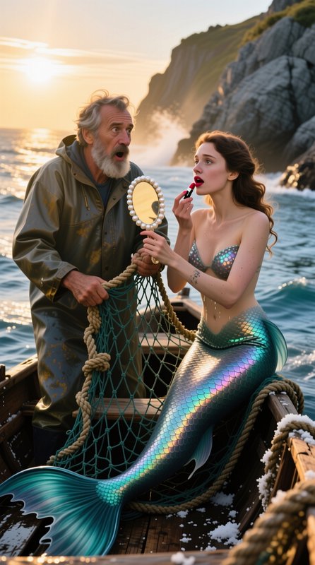 Shocked older fisherman holds a fishing net as an iridescent mermaid applies lipstick in a small ...