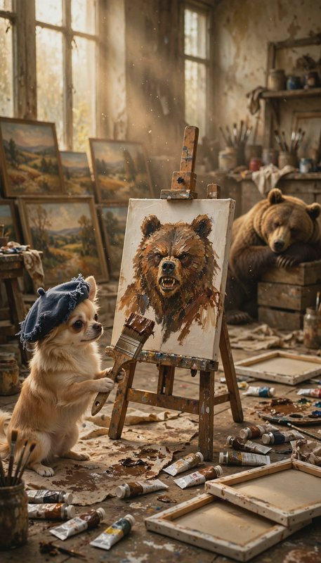 Long-haired chihuahua in a blue artist beret holds a paintbrush, painting a grizzly portrait as a...