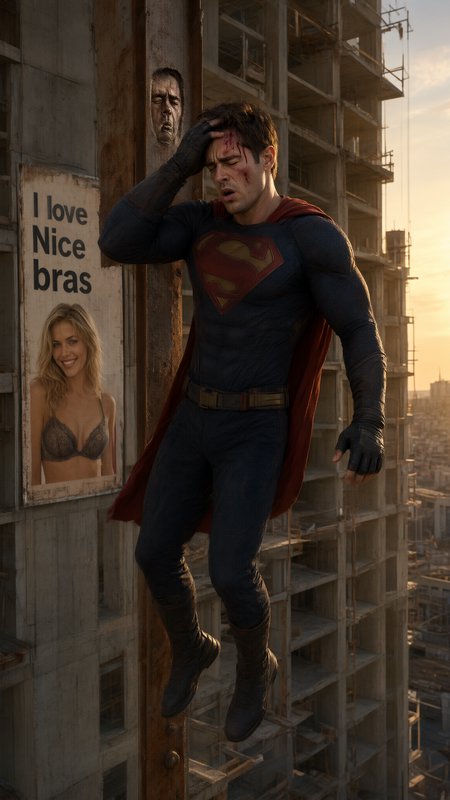 Battered, exhausted Superman holds his head floating beside a humorous billboard on an unfinished...