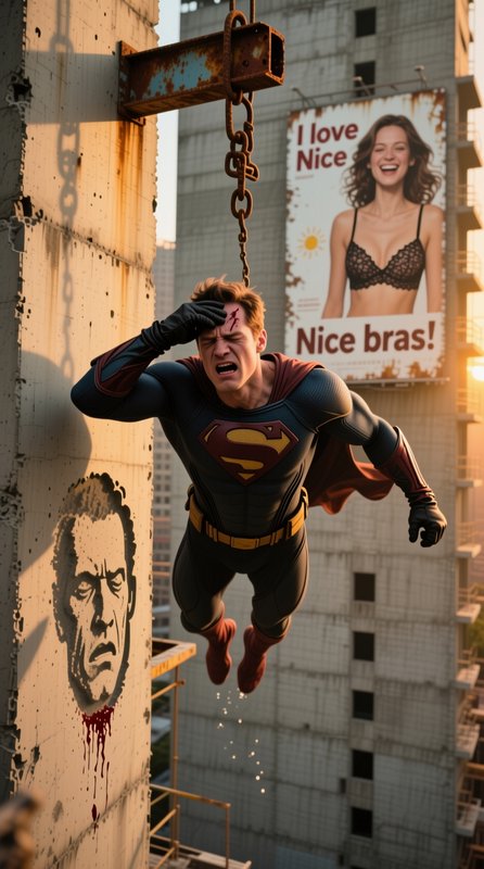 Injured Superman hangs from a rusted chain, clutching his bleeding head, on a crumbling skyscrape...