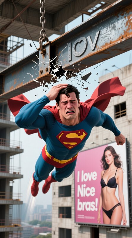Pained Superman clutching his sore head mid-flight after crashing into a hanging construction ste...