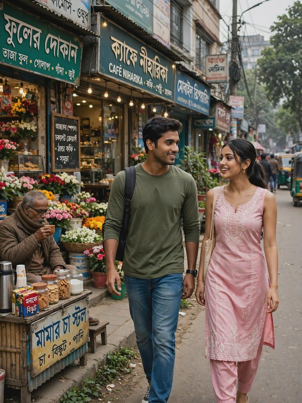 Young smiling Indian couple walking along a busy Kolkata street lined with local shops and street...