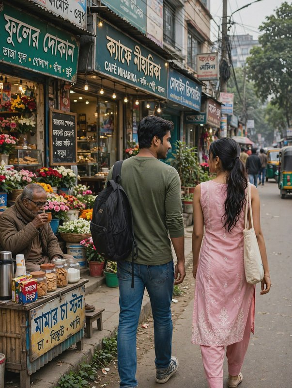 Young couple strolls past Bengali street shops, a flower stall, and tea vendor on a busy Kolkata ...