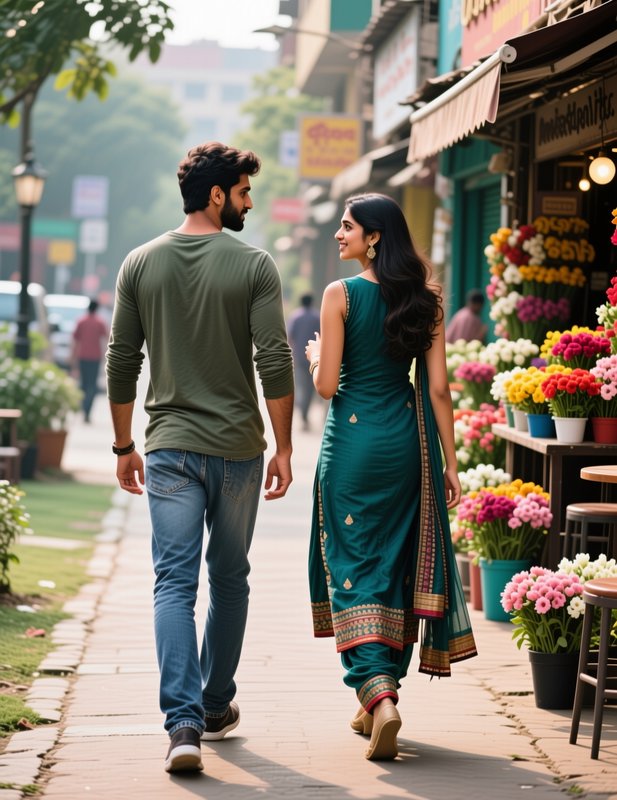 Young Indian couple smiling at each other while walking past a colorful street flower shop on a s...