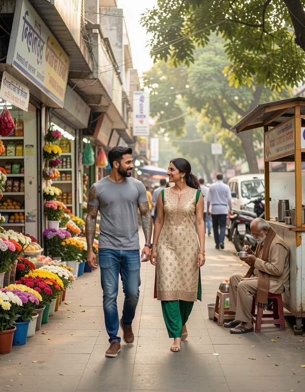 Smiling young Indian couple walking together along a sunny tree-lined neighborhood market street ...