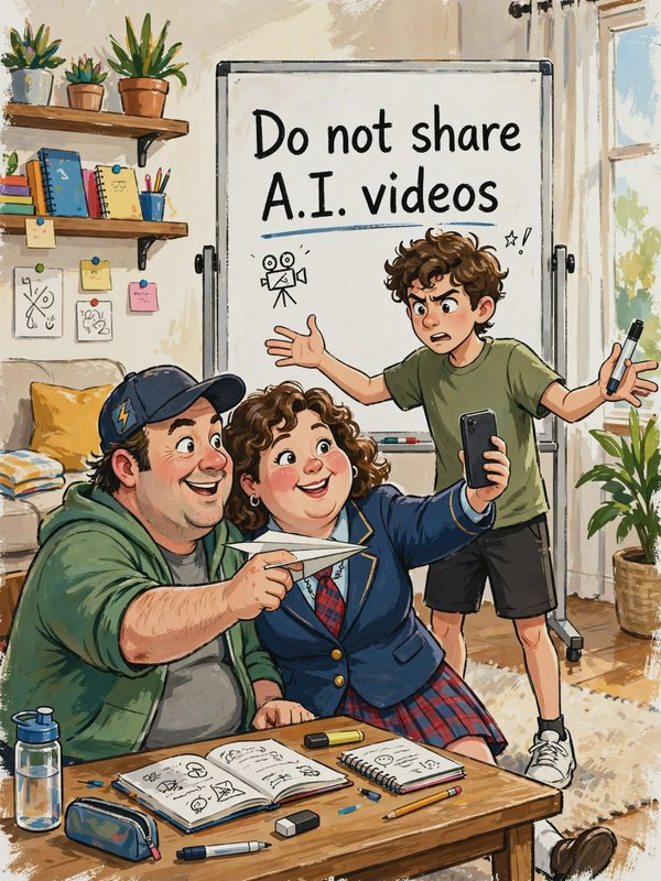 Humorous cartoon illustration: frustrated teen gestures at "Do not share A.I. videos" whiteboard ...