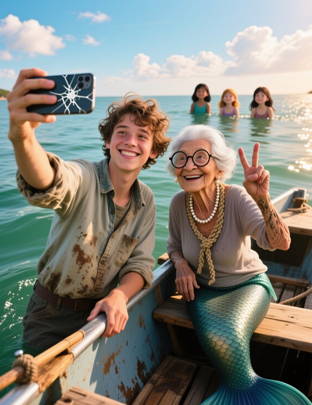 Teen boy takes selfie with smiling elderly mermaid posing a peace sign on a boat, children swim i...