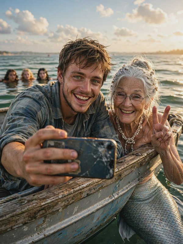 Young man takes a selfie with a cheerful elderly mermaid leaning on a boat, other mermaids swim i...