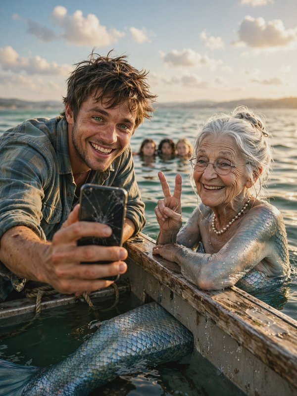 Young man takes selfie with smiling elderly mermaid holding a peace sign beside a small boat in c...
