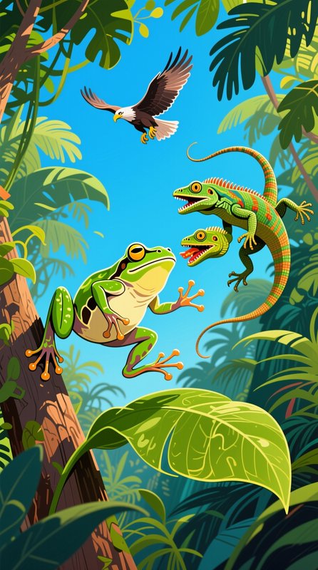Cartoon jungle scene with leaping tree frog, two-headed iguana, and flying bald eagle above tropi...