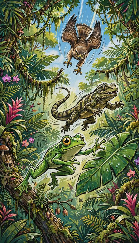 Dynamic cartoon illustration of a leaping green frog, climbing lizard, and diving hawk stacked mi...