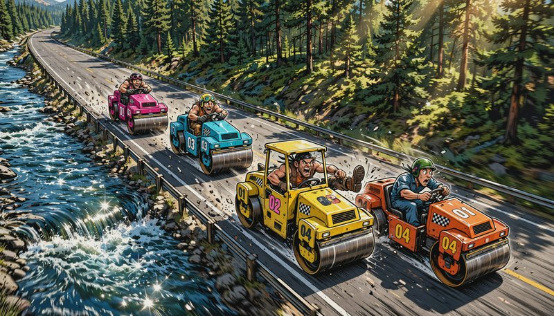 Comic illustration of racers driving colorful steamrollers on a forest highway beside a rushing m...